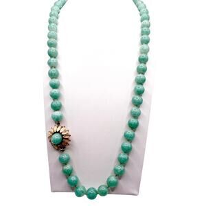 Vintage Green Pekin Glass Beads Chinese Necklace 22” with Flower Clasp